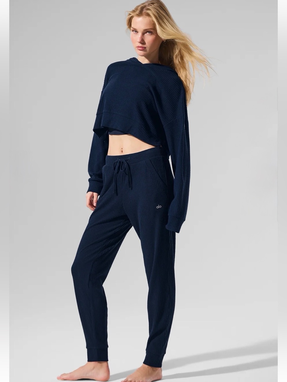 ALO YOGA Muse Ribbed Medium Hoodie & Small Sweatpants in Navy - Like New